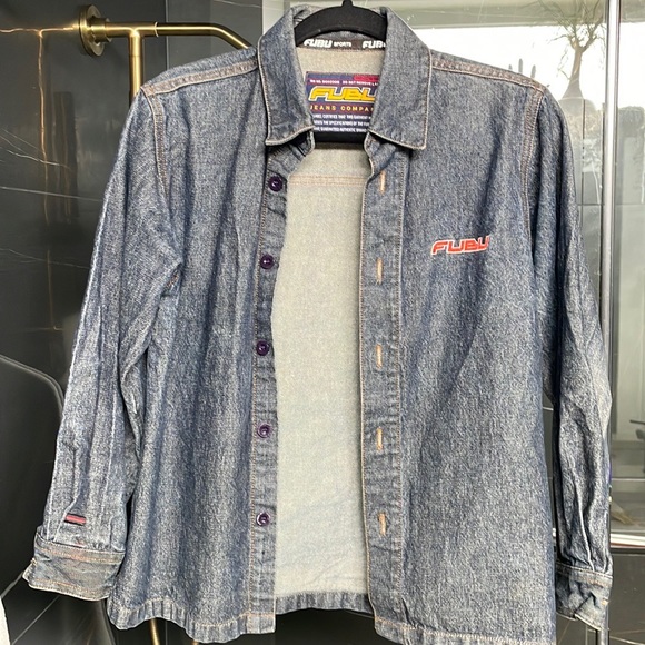 Fubu sports thick denim shirt size Xs womens small cropped sleeve y2k - Picture 5 of 9